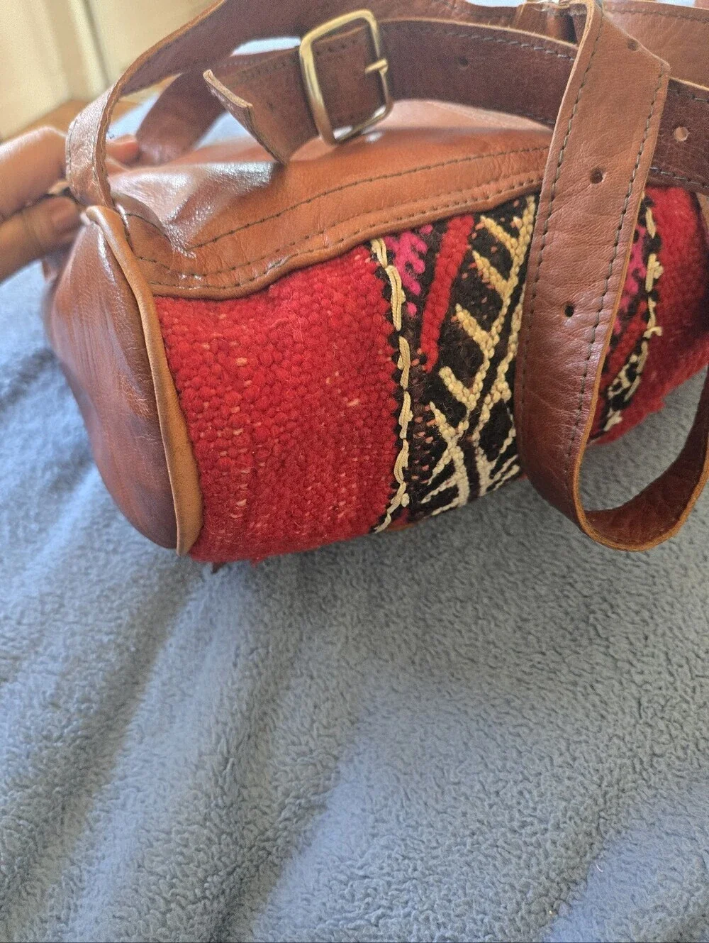 Handmade Moroccan Kilim Leather Backpack Red Southwestern Tribal Boho Rucksack - Picture 6 of 15